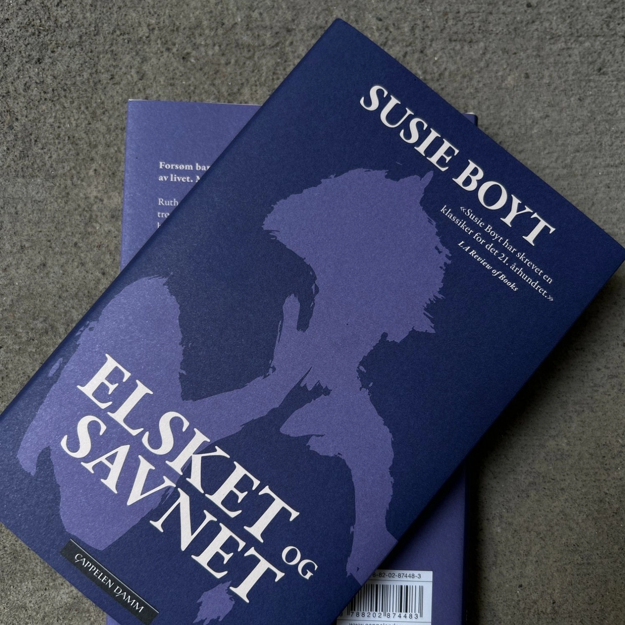 Boken «Elsket og savnet» av Susie Boyt ligger oppå en annen utgave av boken på et betonggulv