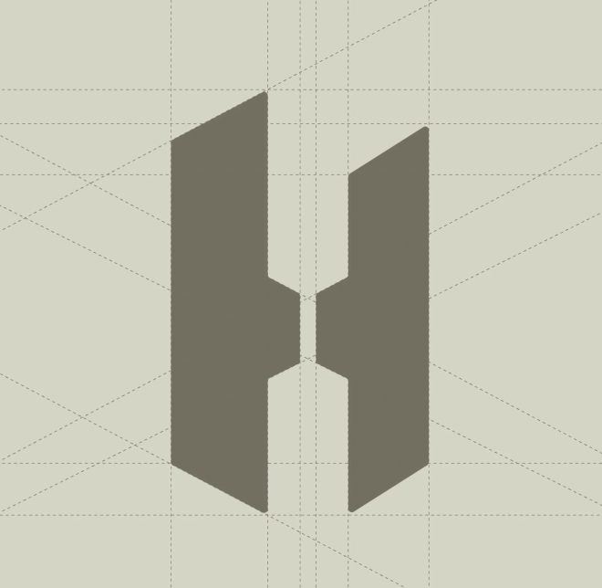 H-logoen til Håndverker Mobekk vist med konstruksjonslinjer som viser den geometriske oppbyggingen