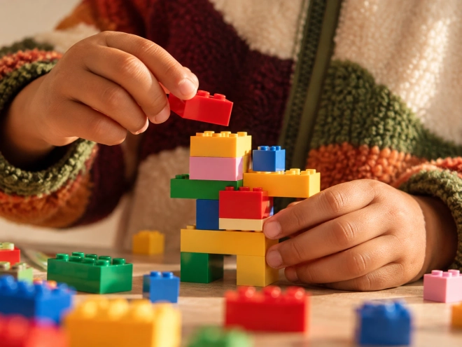 To hender som bygger et fargerikt tårn av LEGO-klosser, med flere klosser spredt på bordet rundt