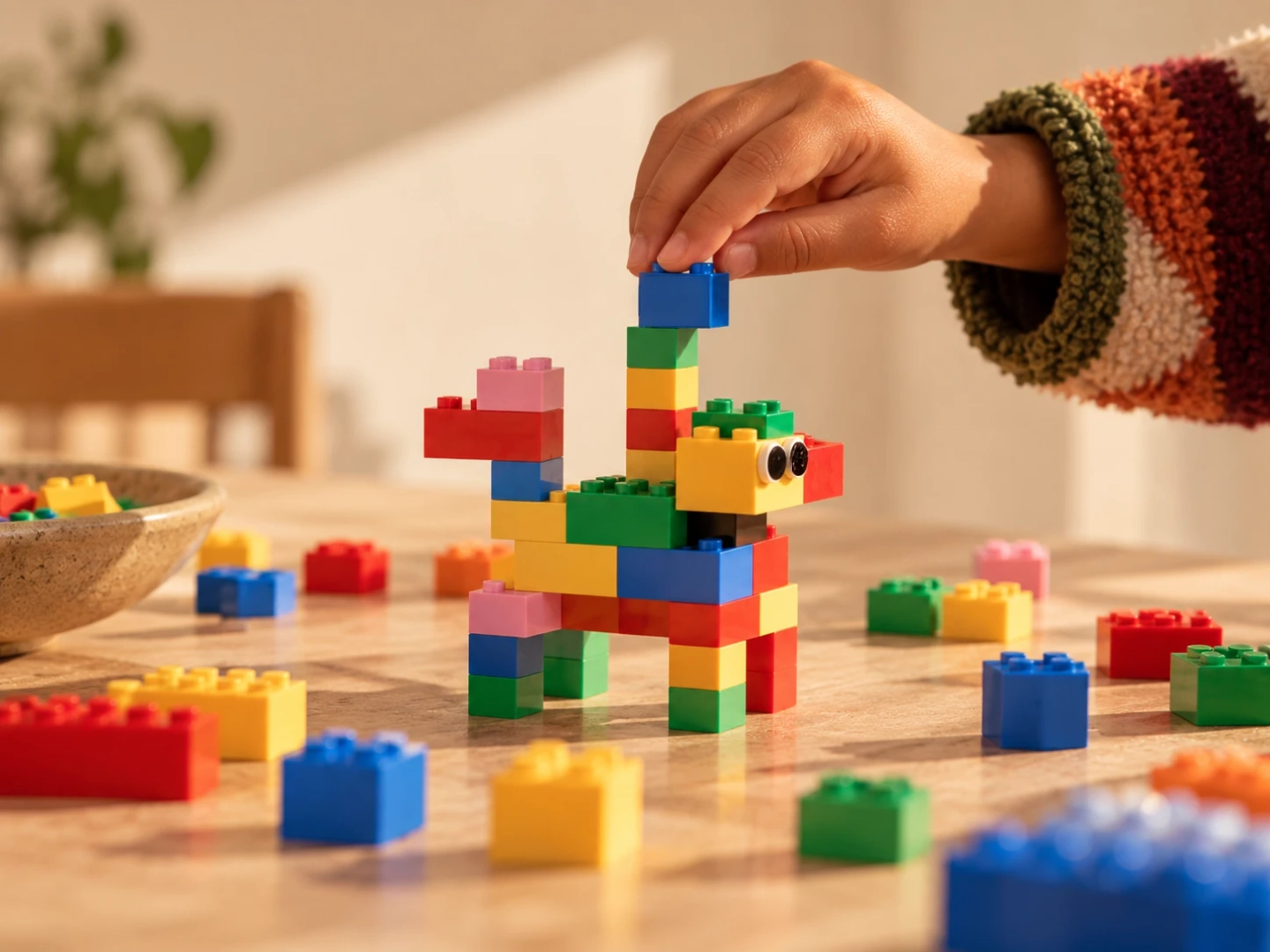 En hånd som bygger et fargerikt LEGO-dyr av klosser på et bord, med flere løse klosser spredt rundt