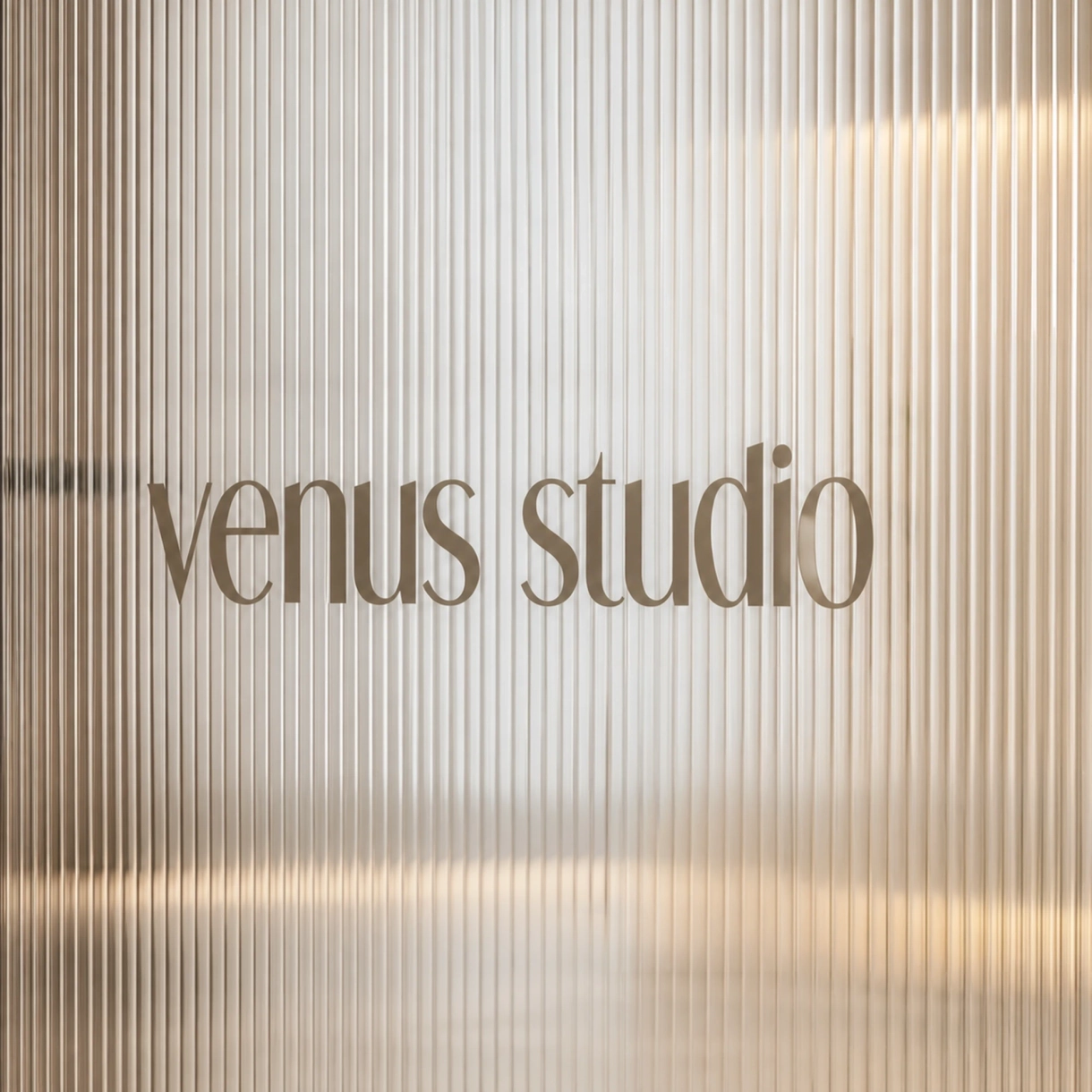 Riflet glassdør med logoen «venus studio» i gravert skrift, med et varmt kontorinteriør synlig gjennom glasset